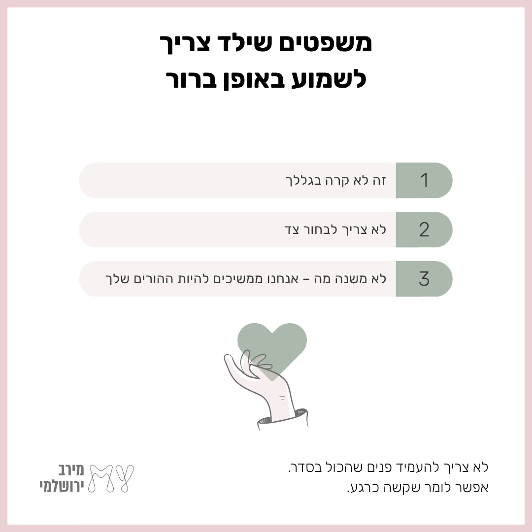 שלושה משפטים שילד צריך לשמוע מההורים: זה לא קרה בגללך, לא צריך לבחור צד, ולא משנה מה – אנחנו ממשיכים להיות ההורים שלך, לצד איור של יד שמחזיקה לב