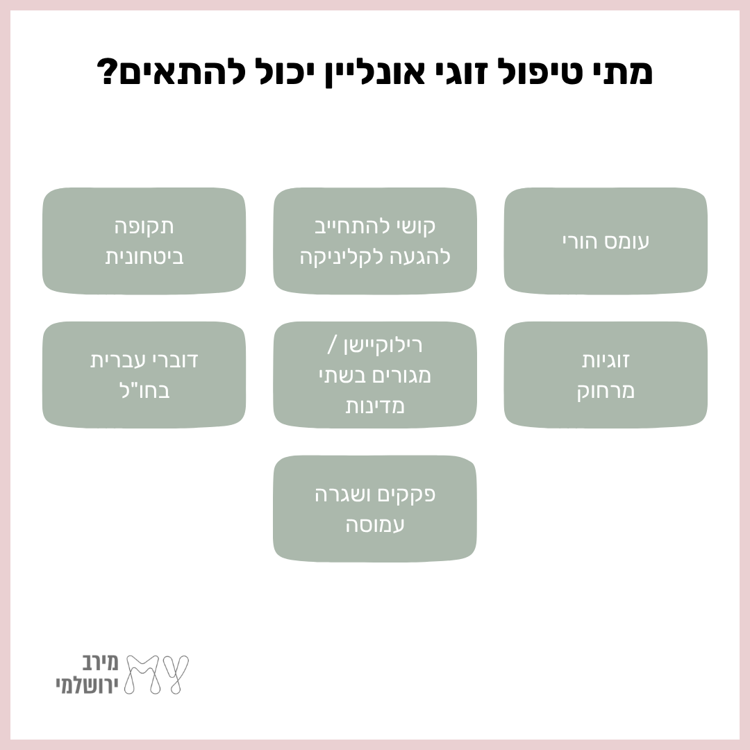 שבעה מצבים בהם טיפול זוגי אונליין יכול להתאים: קושי להתחייב, עומס, רילוקיישן, חברים עבריים בחו״ל, פקקים ואנרגיה ועוד