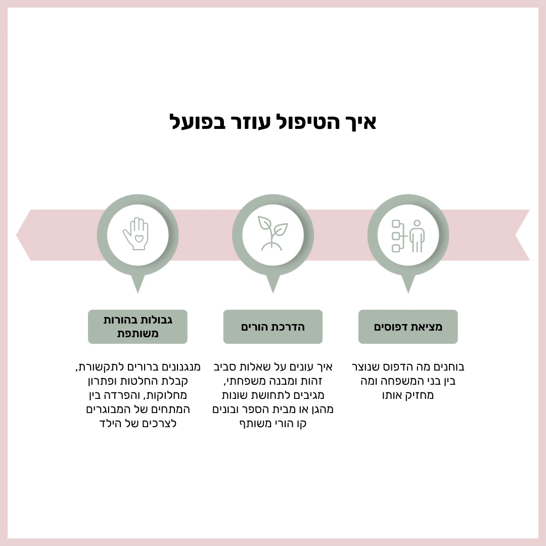 שלושה מוקדים בטיפול: מ״מי צודק?״ לבחינת הדפוס במשפחה, הדרכת הורים, וגבולות בהורות משותפת