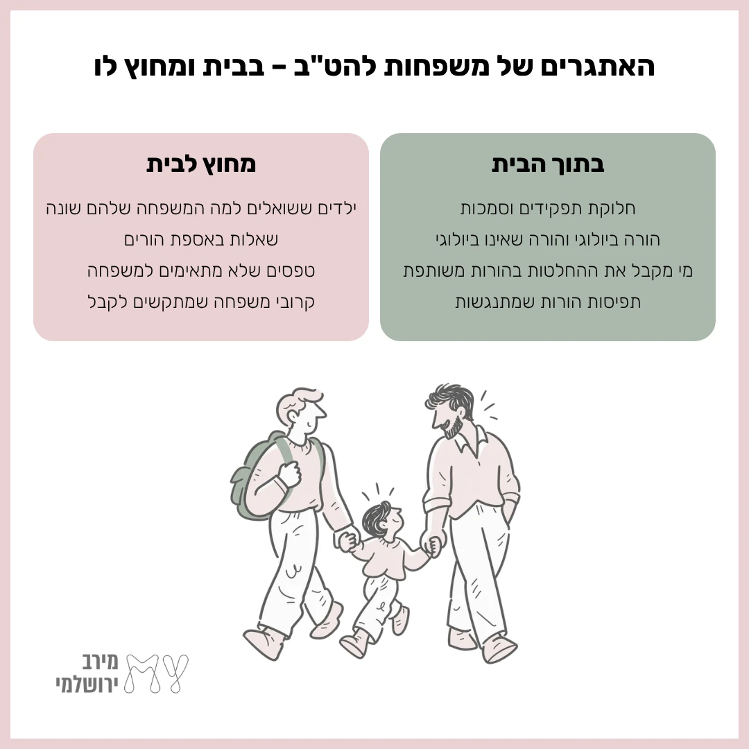 השוואה בין אתגרים בתוך הבית – חלוקת תפקידים, הורה ביולוגי ושאינו ביולוגי, קבלת החלטות ותפיסות הורות – לבין אתגרים מחוץ לבית – שאלות הילדים, אספת הורים, טפסים וקרובי משפחה, עם איור של שני אבות שהולכים עם ילד